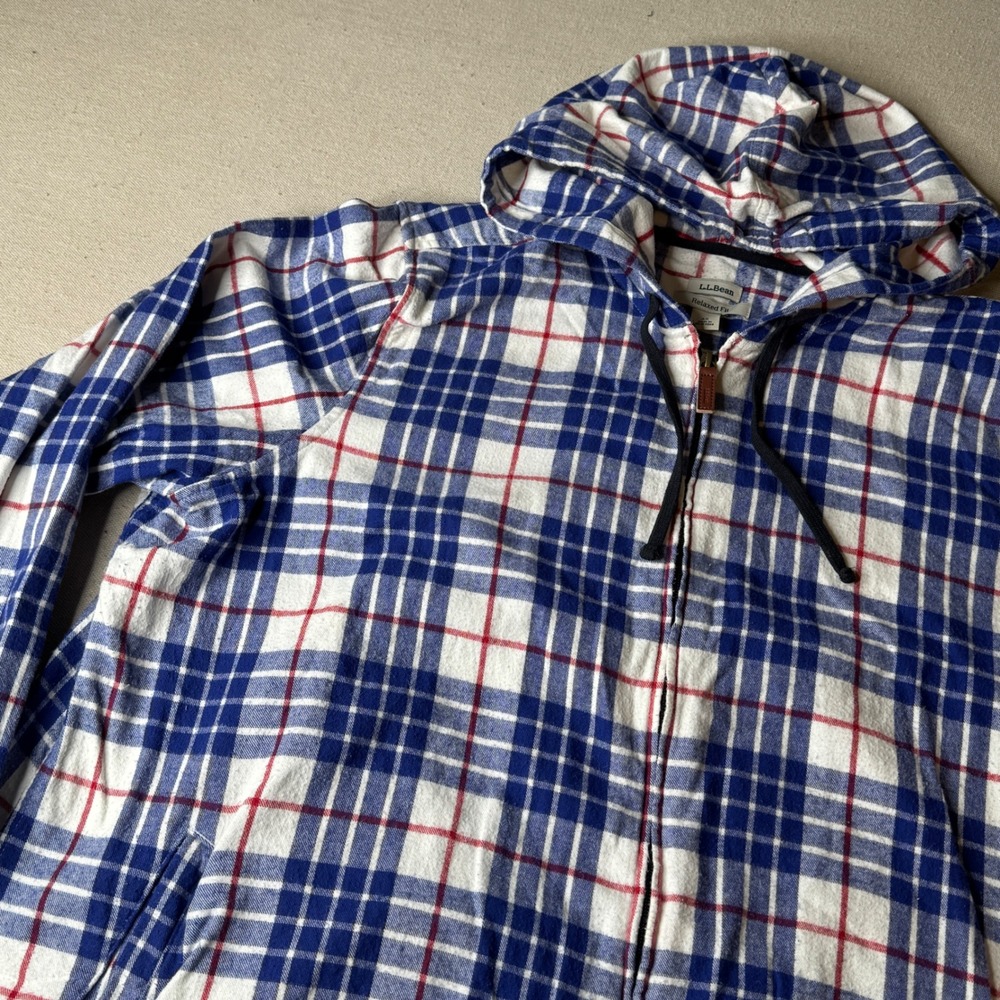 LL Bean Womens 3X Relaxed Fit Blue Plaid Flannel Full Zip Hoodie 505488